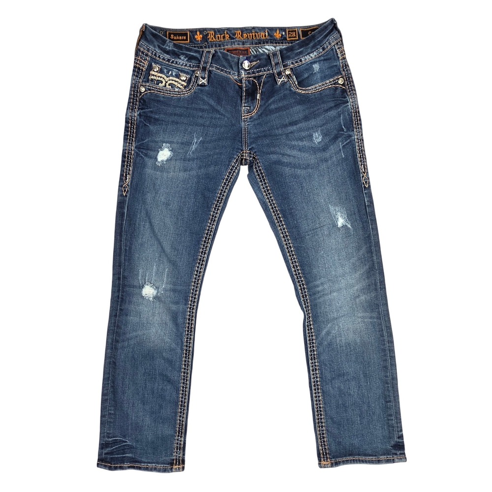 Rock Revival Sukara Crop Jeans 28 Dark Wash Distressed Y2K EP9230CP200